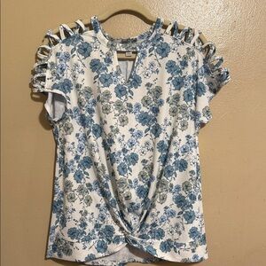 Cato White and Blue Floral Blouse with Cutout Sleeves